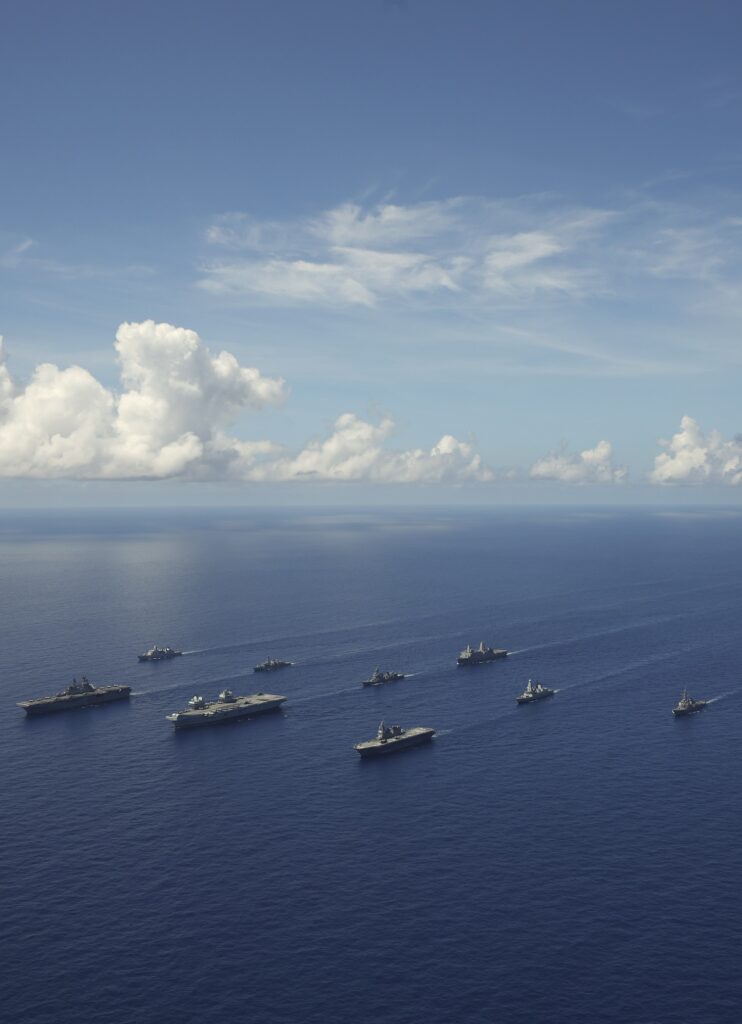 Pictured L-R: USS America, HNLMS Evertsen, HMS Queen Elizabeth, HMS Kent, JS Asahi, JS Ise, USS New Orleans, HMS Defender, USS Sullivans.<br /> UK, Netherlands, United States and Japan complete intensive joint exercises in the Pacific<br /> A powerhouse naval force of warships, aircraft, sailors and marines from the UK, the Netherlands, United States and Japan converged for milestone exercises in the Pacific Ocean.<br /> The UK Carrier Strike Groups warships led by aircraft carrier HMS Queen Elizabeth worked with the USS America-led United States Expeditionary Strike Group 7 and two ships from Japans Maritime Self Defence Force to prove the ability of the navies to operate effectively together.